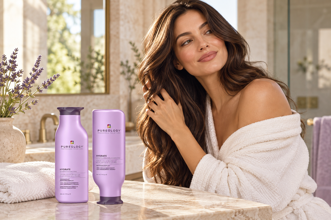 Pureology Hydrate shampoo and conditioner with glossy brunette hair